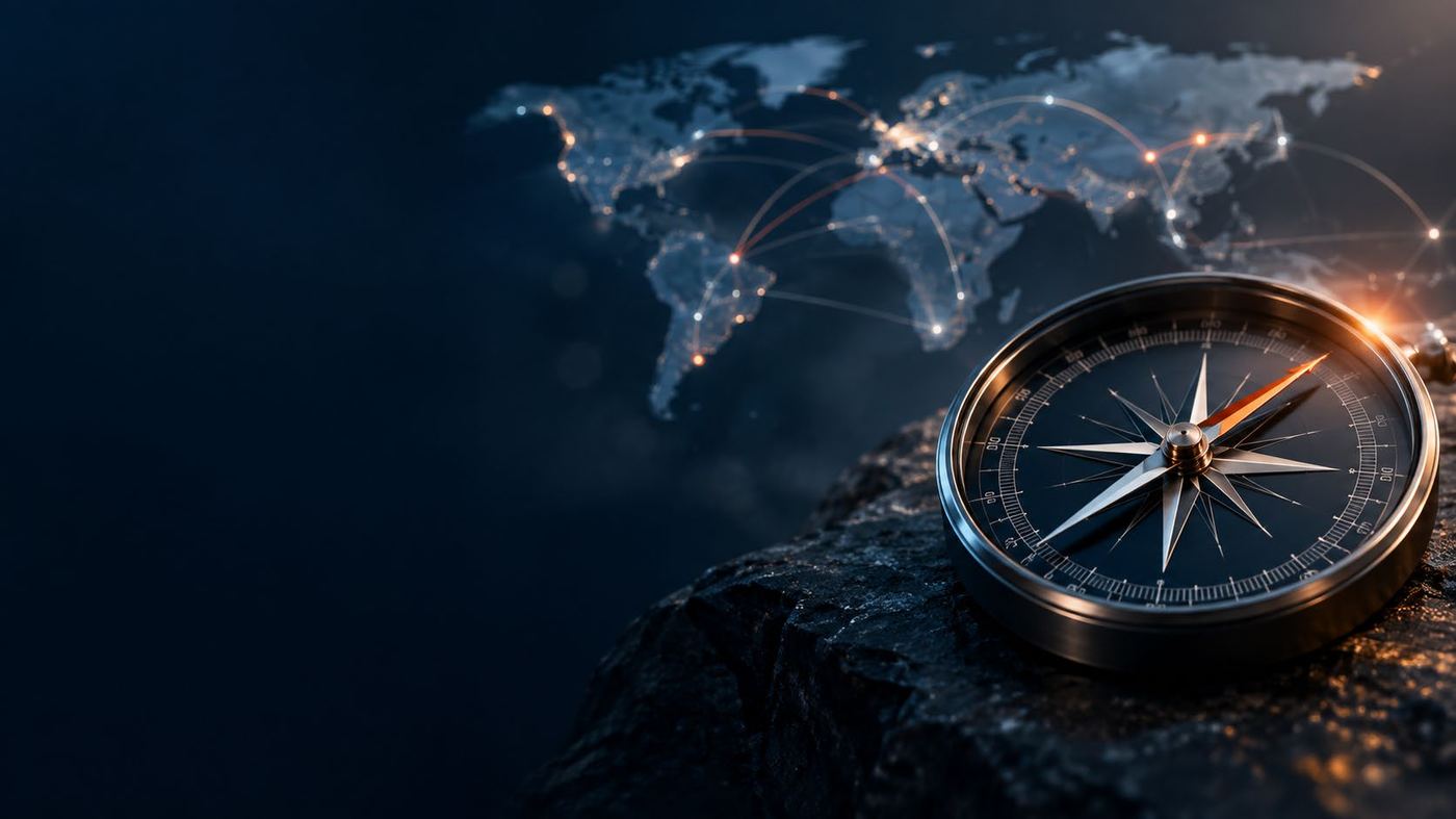 Compass over an illuminated world map, representing global market navigation