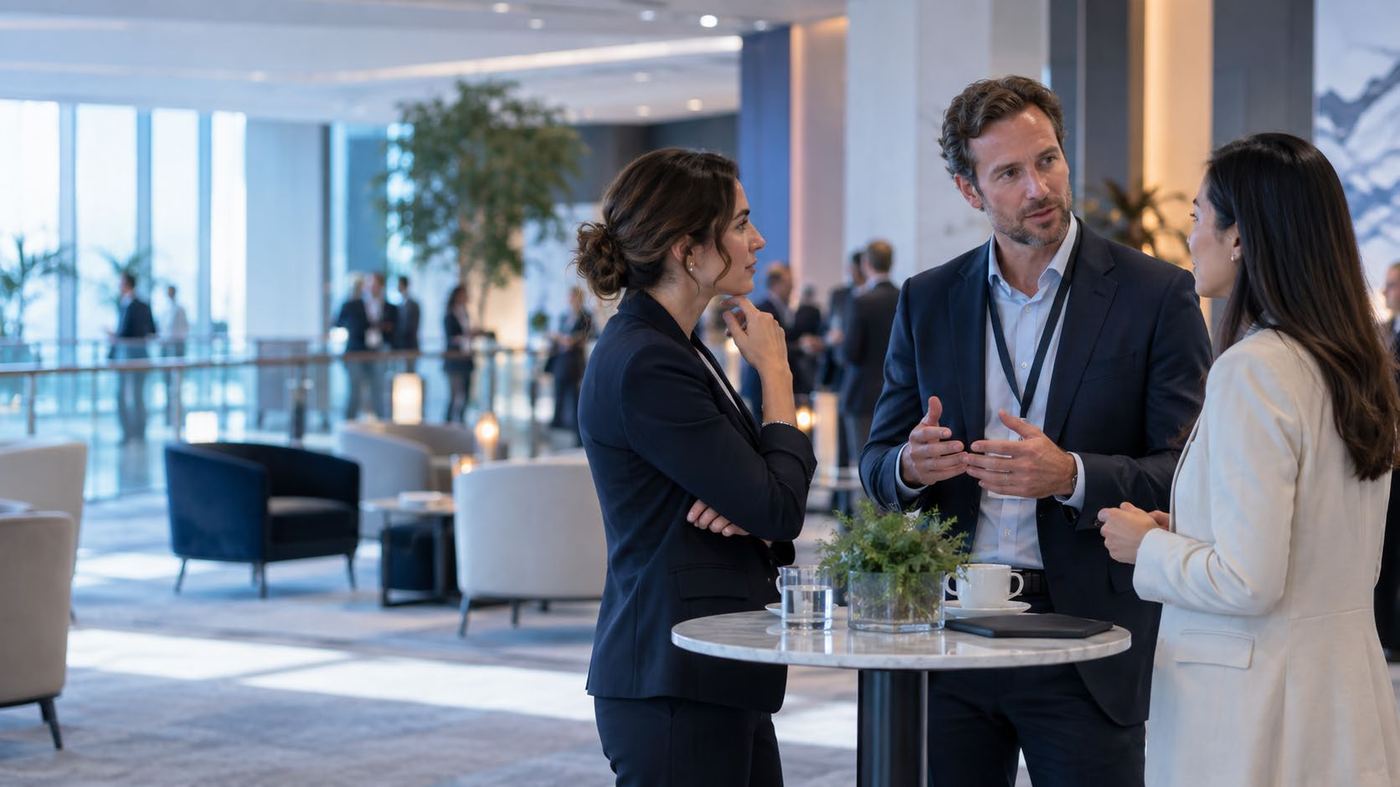 International business representatives in conversation at an industry venue